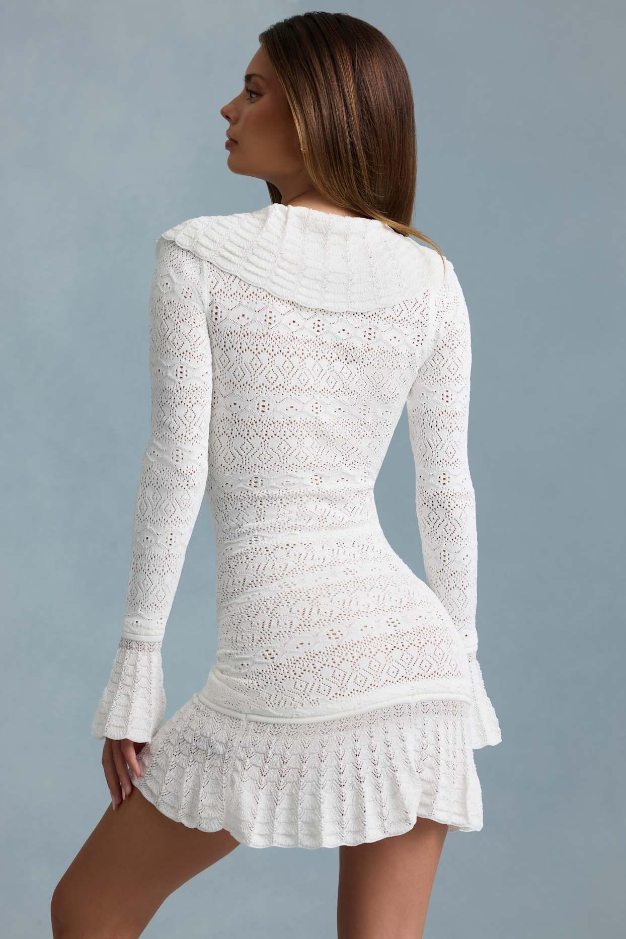 Ruffle-Trim Pointelle-Knit Mini Dress in White Product Image