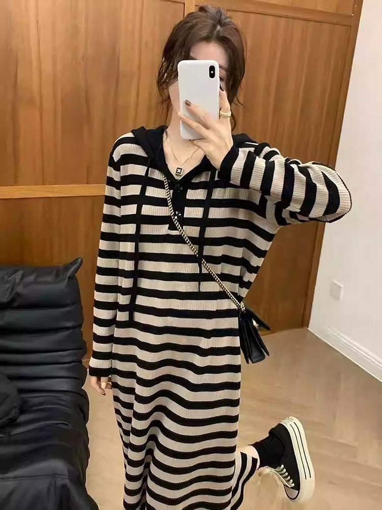 V-Neck Striped Midi Hoodie Dress Product Image