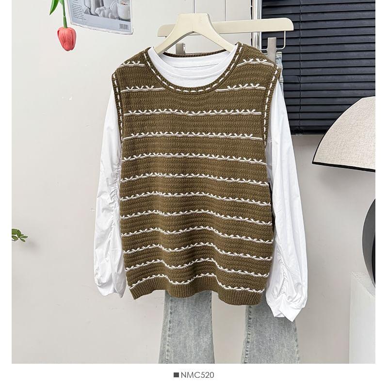 Set: Oversized Striped Knit Vest + Details Loose Blouse Product Image