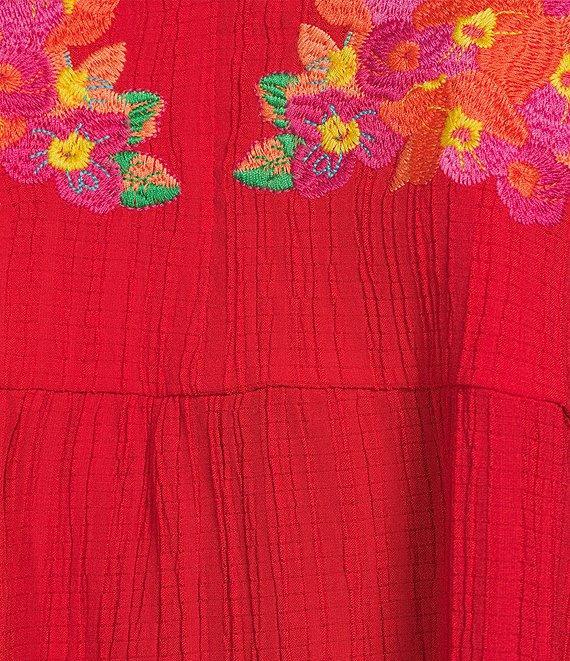 Calessa Embroidered Crinkle Split V-Neck Short Sleeve Top Product Image