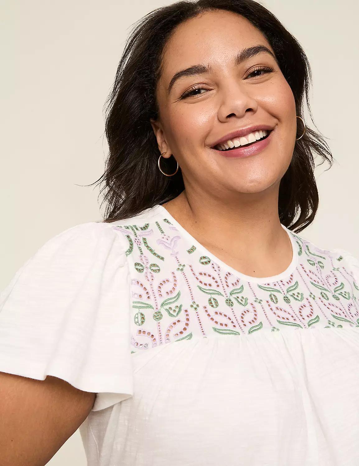 Embroidered-Yoke Short-Sleeve Top Product Image