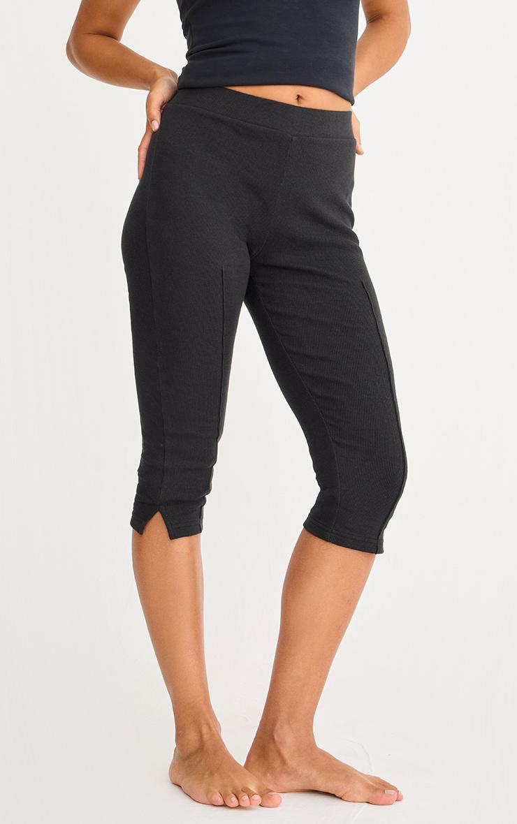 Black Ribbed Elasticated Waist Capri Leggings Product Image