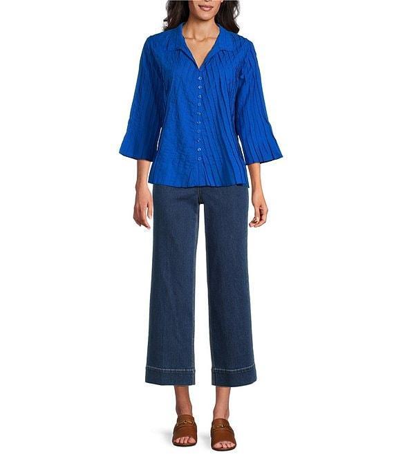 John Mark Pleated Solid Color Wire Collar 3/4 Sleeve Button Front Shirt Product Image