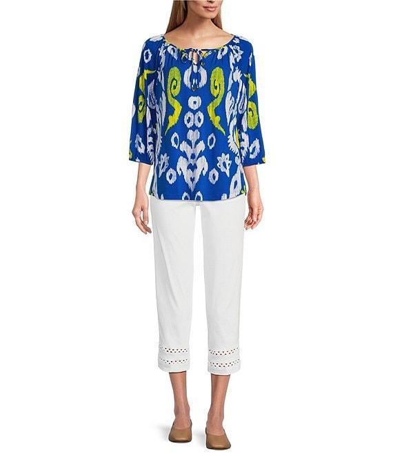 Multiples Petite Size Knit Printed Tie Detail Split Neckline 3/4 Sleeve Peasant Top Product Image