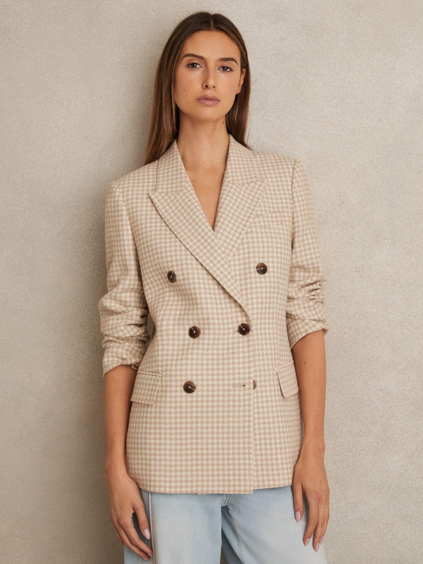 Petite Double Breasted Check Blazer With Wool in Neutral Check Product Image