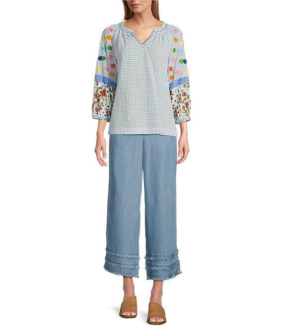 John Mark Embroidered Plaid Split V-Neck 3/4 Raglan Sleeve Tunic Product Image