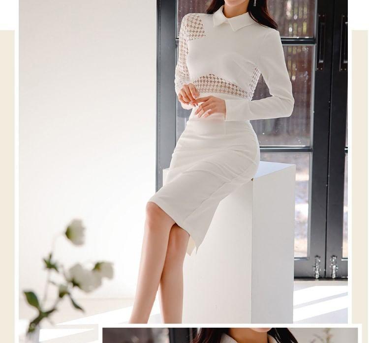 Long-Sleeve Collar Plain Lace Panel Slit Sheath Dress Product Image