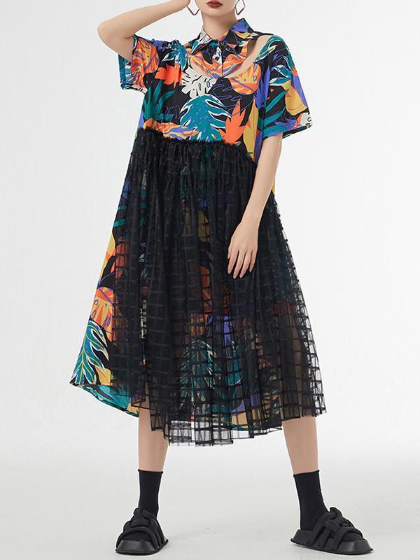 A-Line Loose Buttoned Hollow Mesh Printed Split-Joint Lapel Midi Dresses Product Image