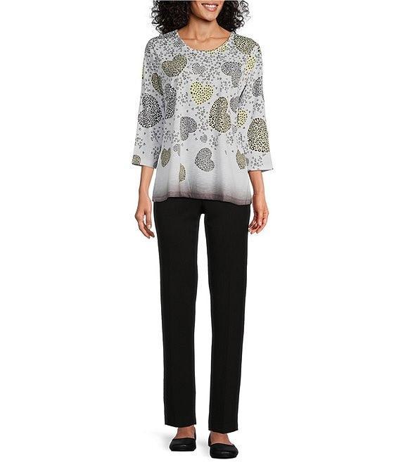 Allison Daley Embellished Cascading Hearts Print 3/4 Sleeve Crew Neckline Knit Top Product Image