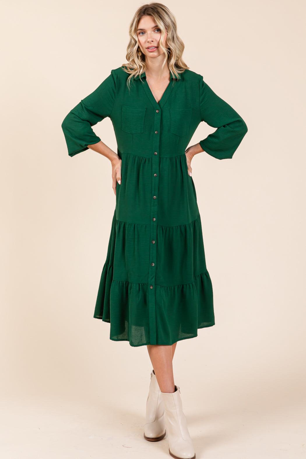 Tiered Long Sleeve Button Front Midi Shirtdress Product Image