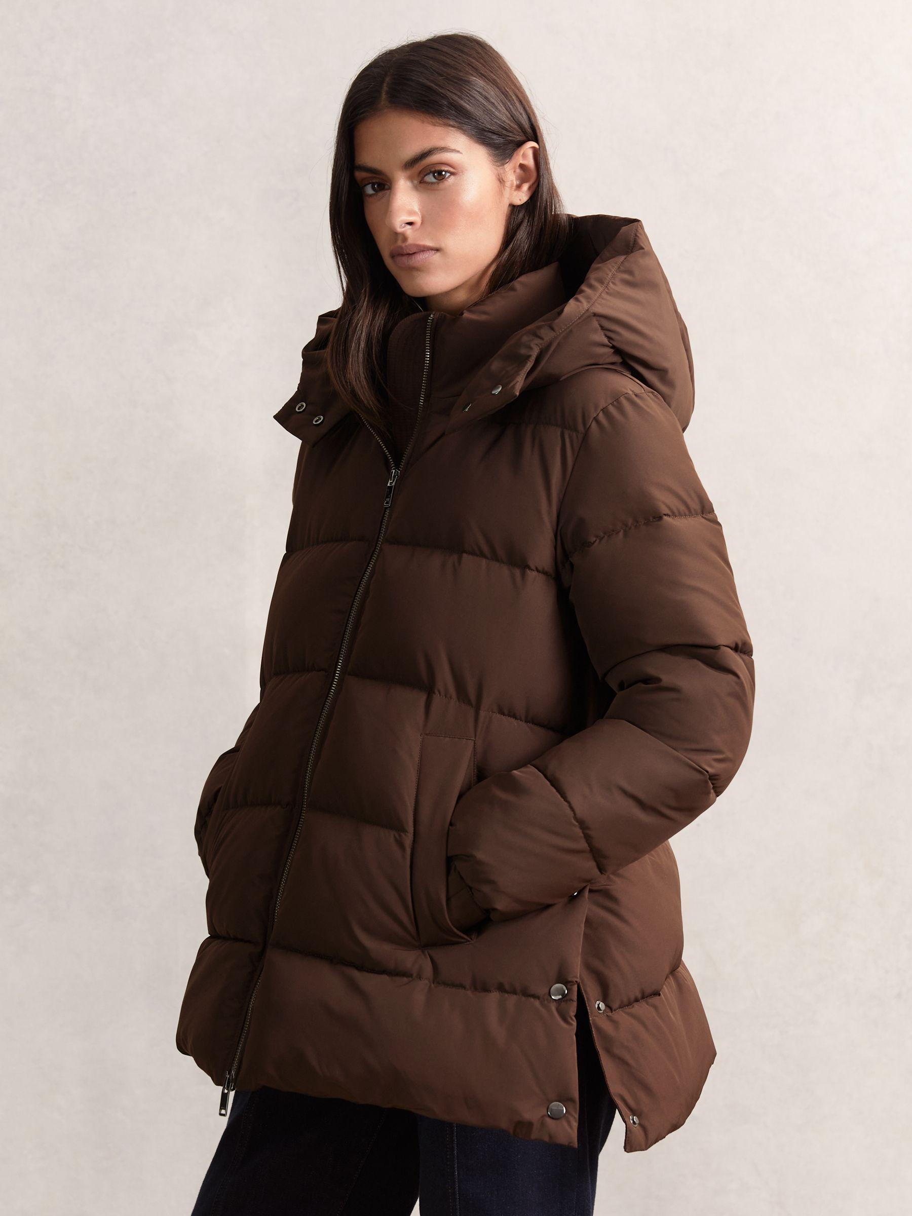 Short Hooded Puffer Coat in Chocolate Brown Product Image