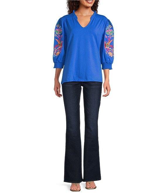 Calessa Embroidered Motif 3/4 Sleeve Split V-Neck Tunic Product Image