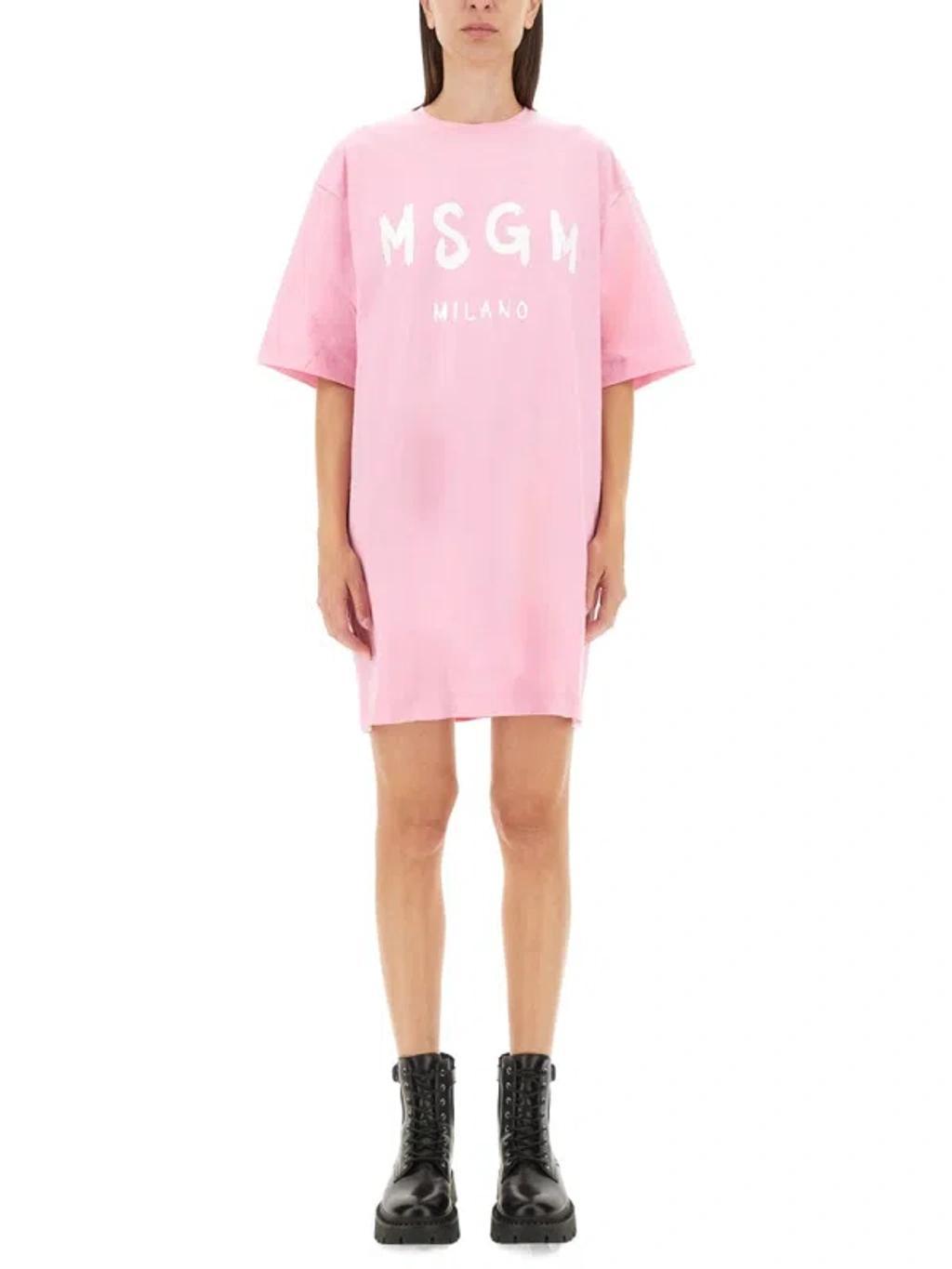 MSGM Logo Printed Mini Dress In Pink Product Image