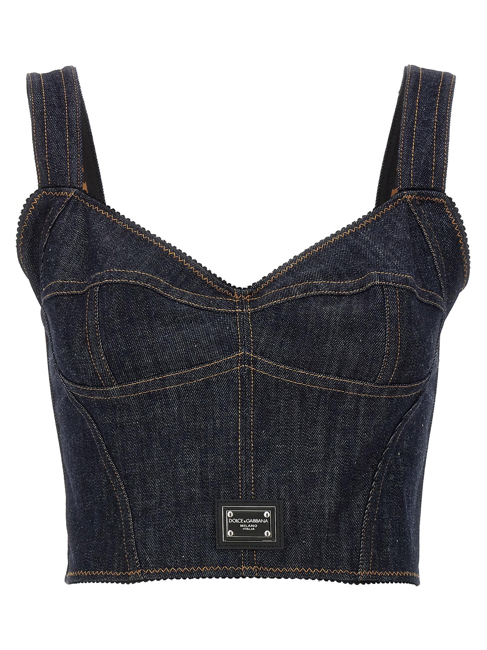 DOLCE & GABBANA Denim Bustier With Logo Plaque In Black Product Image