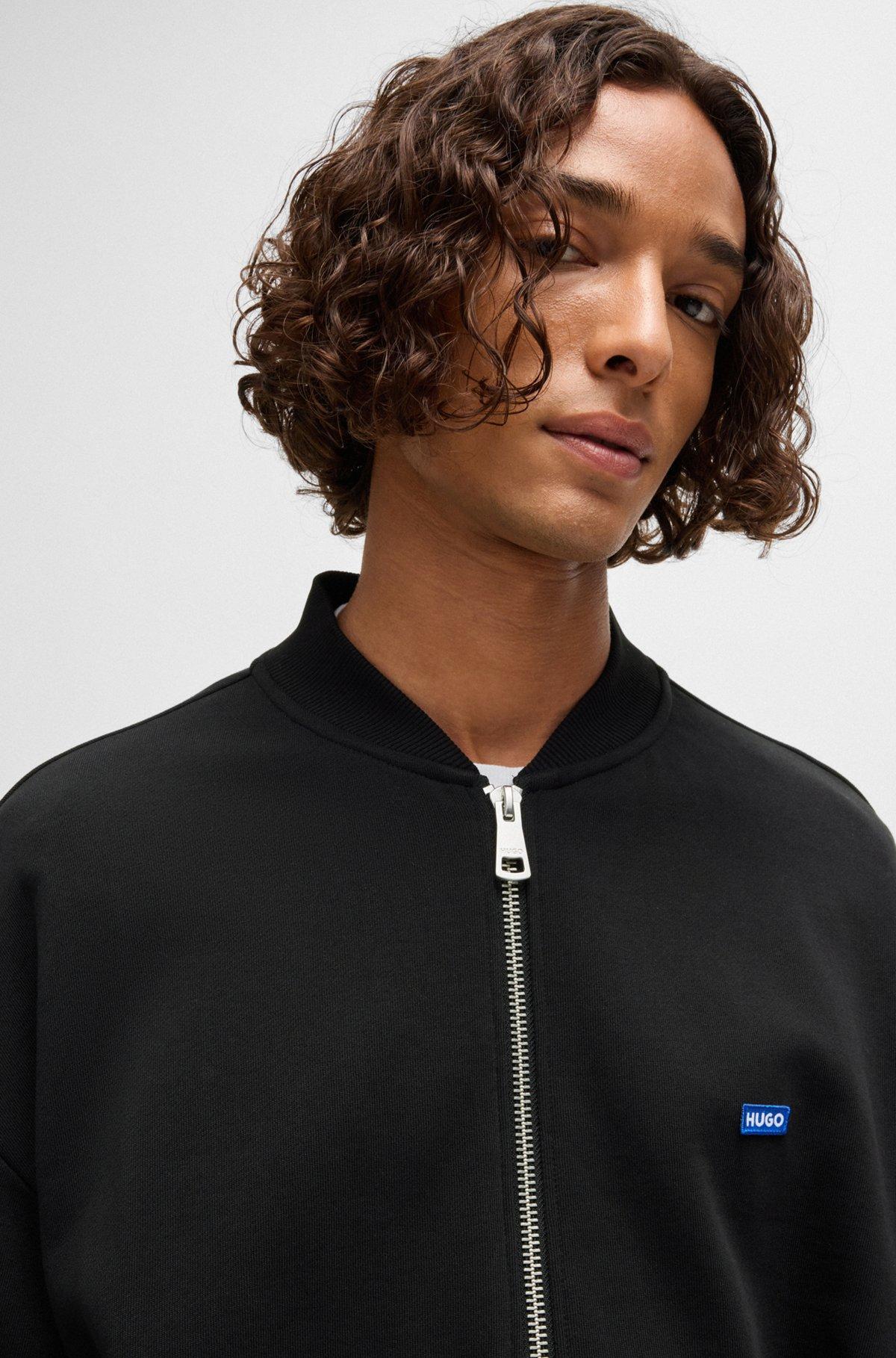 Cotton-terry zip-up sweatshirt with blue logo label Product Image