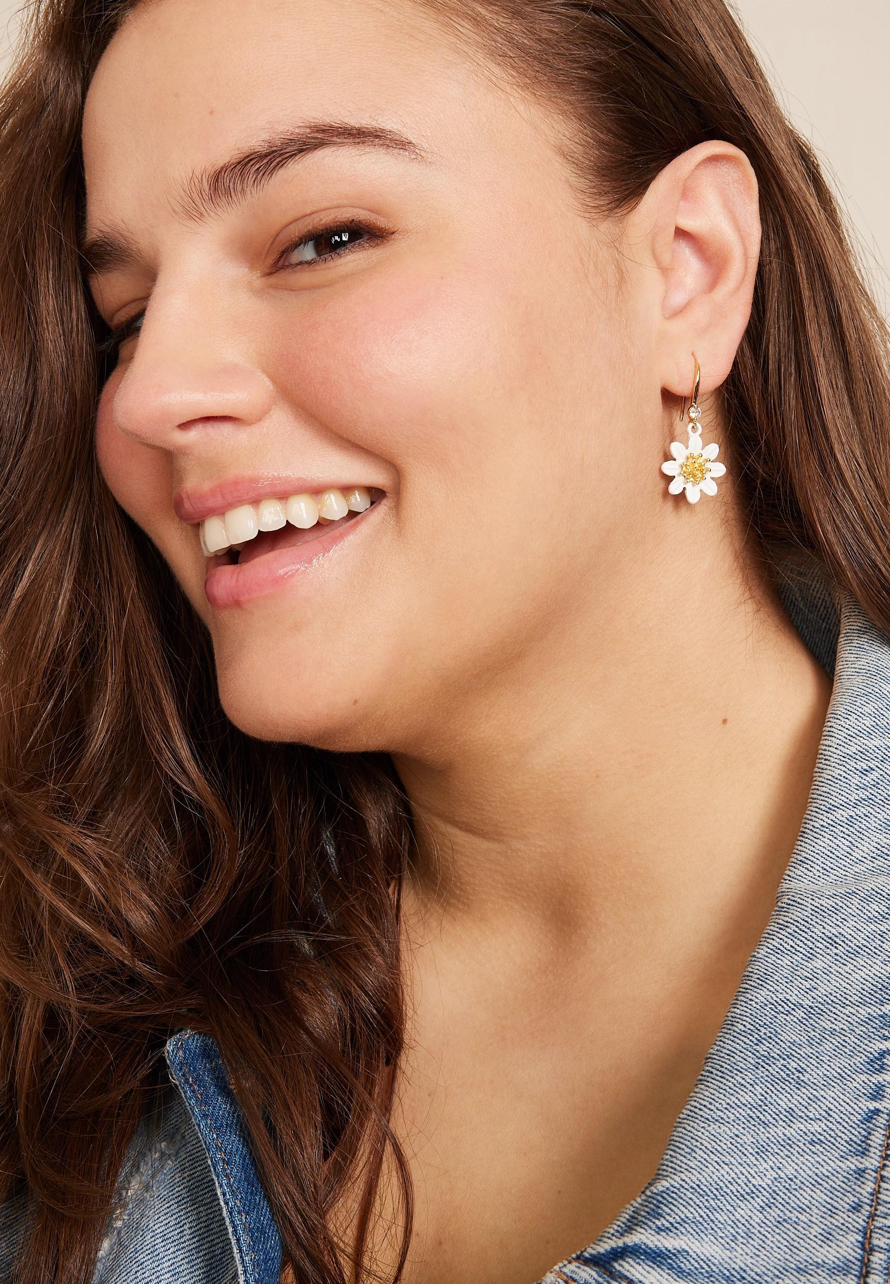 White And Gold Floral Drop Earrings Product Image