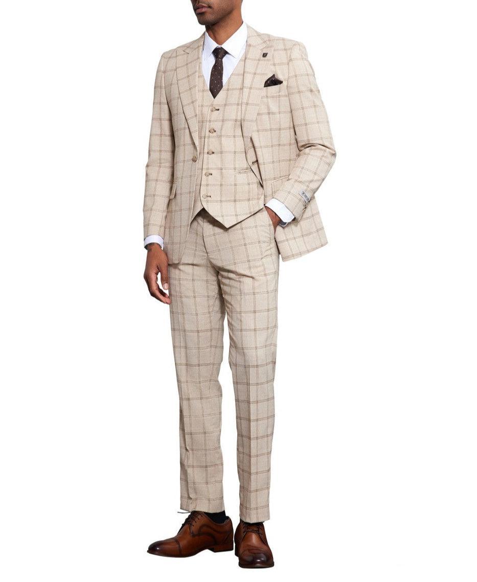 Stacy Adams 3 Piece Windowpane Suit Hybrid Fit in Tan Product Image