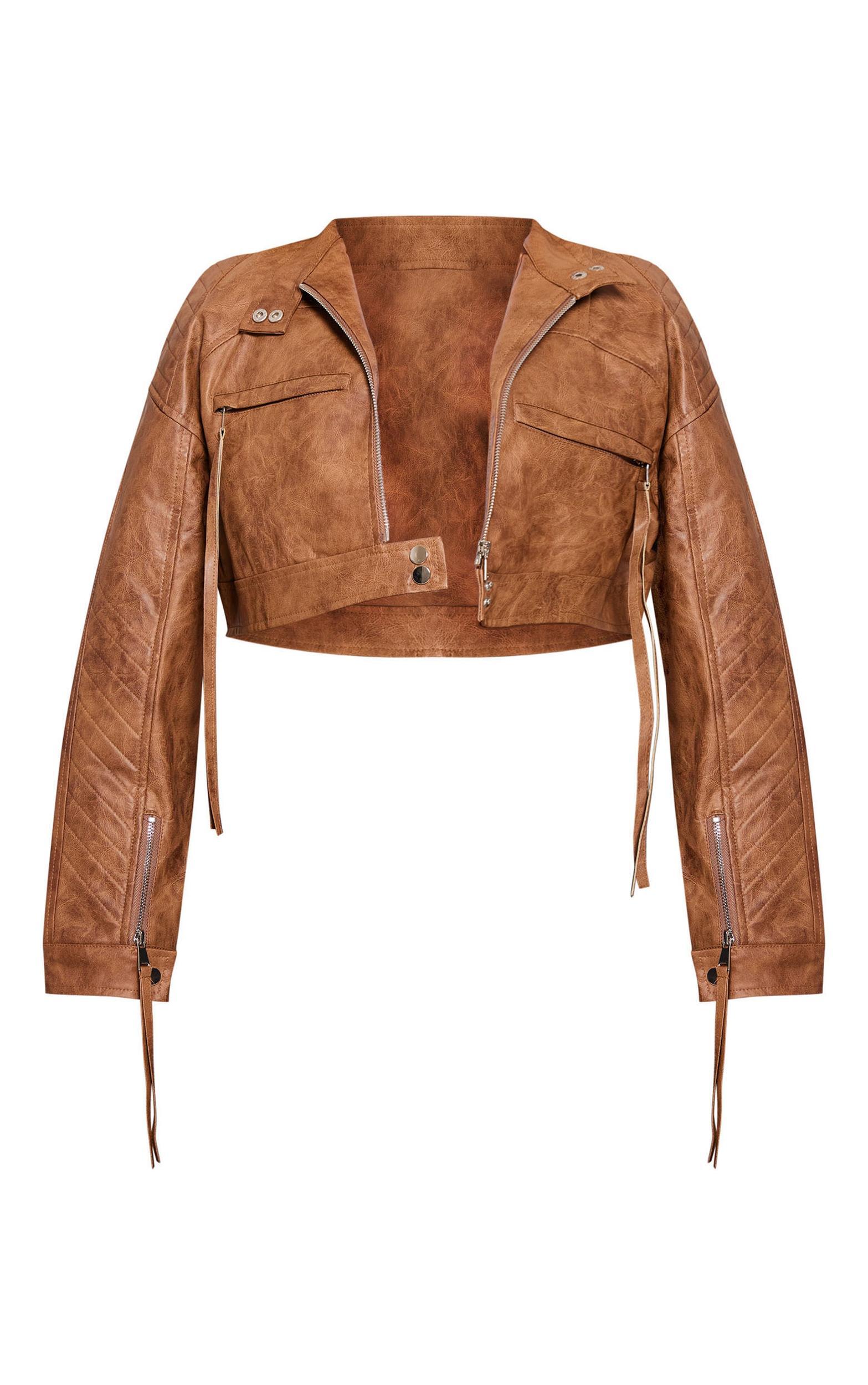 Brown Faux Leather Distressed Cropped Biker Jacket Product Image