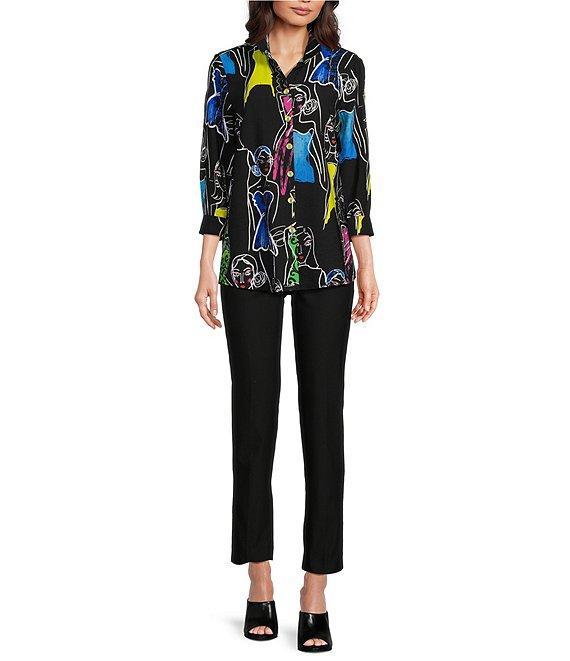 Ali Miles Printed Faces Wire Collar 3/4 Sleeve Button-Front Tunic Product Image