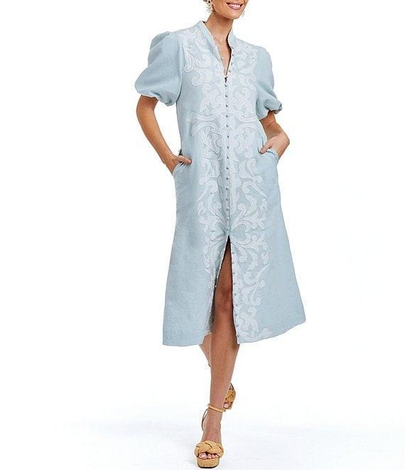 Mestiza New York Linen Blend Elliana Mandarin Collar Puff Sleeve Embroidered Applique Button Front Midi Dress Product Image