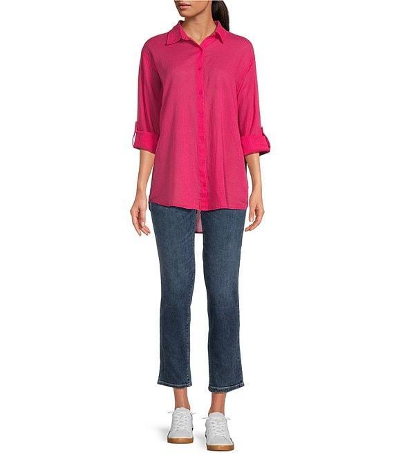 ELAN Placed Graphic Print Point Collar High-Low Hem Long Sleeve Button Front Shirt Product Image