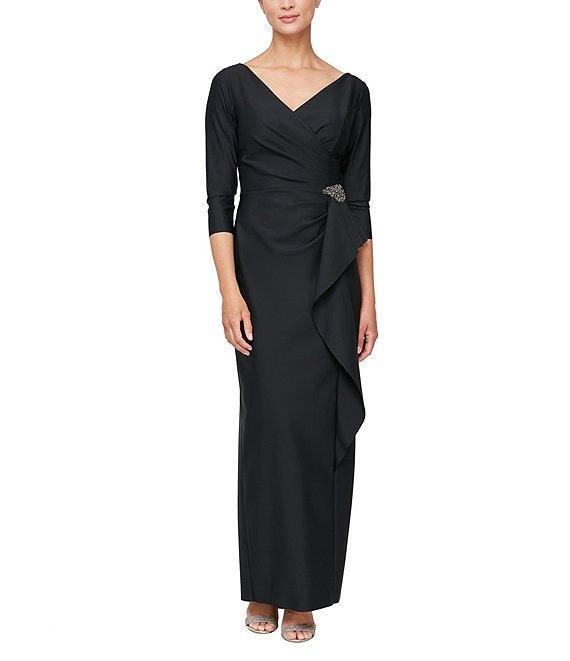Alex Evenings Contour 3/4 Sleeve Surplice V-Neck Cascade Ruffle Skirt Gown Product Image