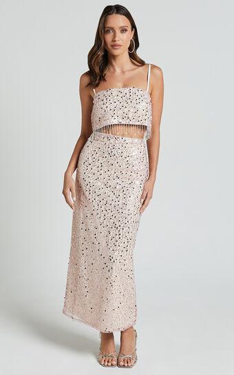 Anna Two Piece Set - Tassel Crop Top and Midi Skirt Sequin Set in Pale Pink Product Image