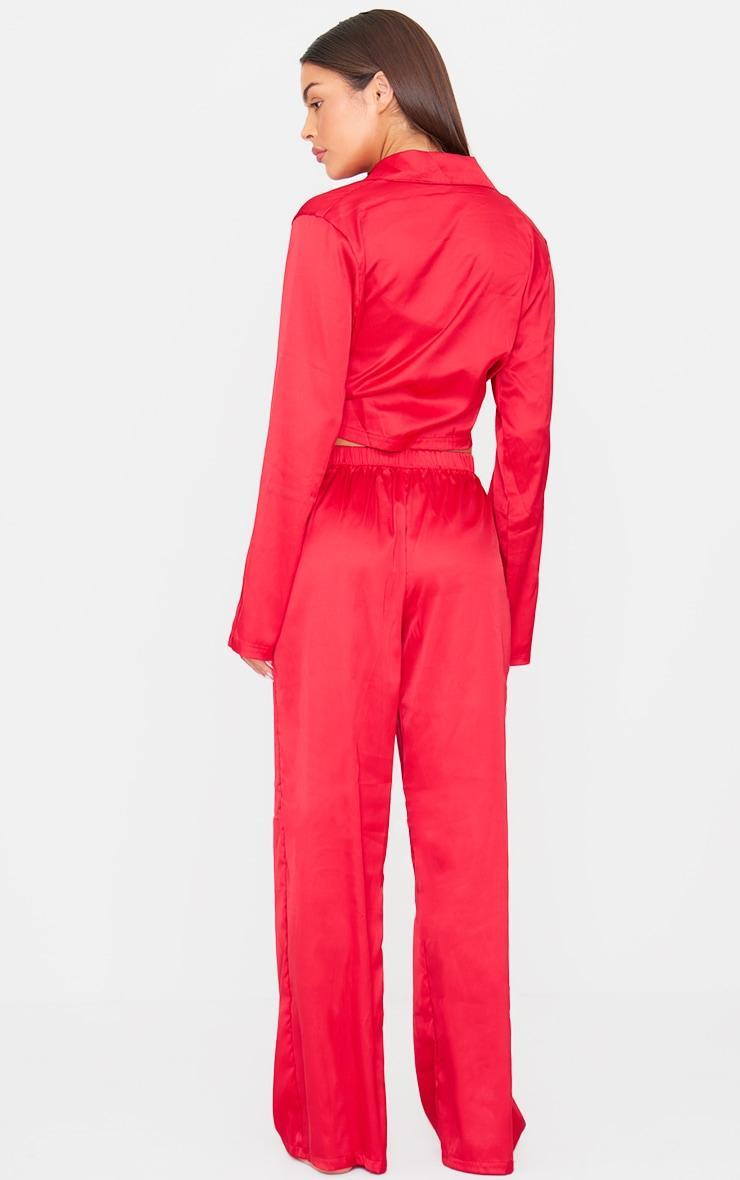 Red Satin Wrap Cropped Long Pj Set Product Image