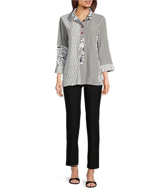 Ali Miles Pucker Mixed Print Wire Collar 3/4 Sleeve Button Front Tunic Product Image