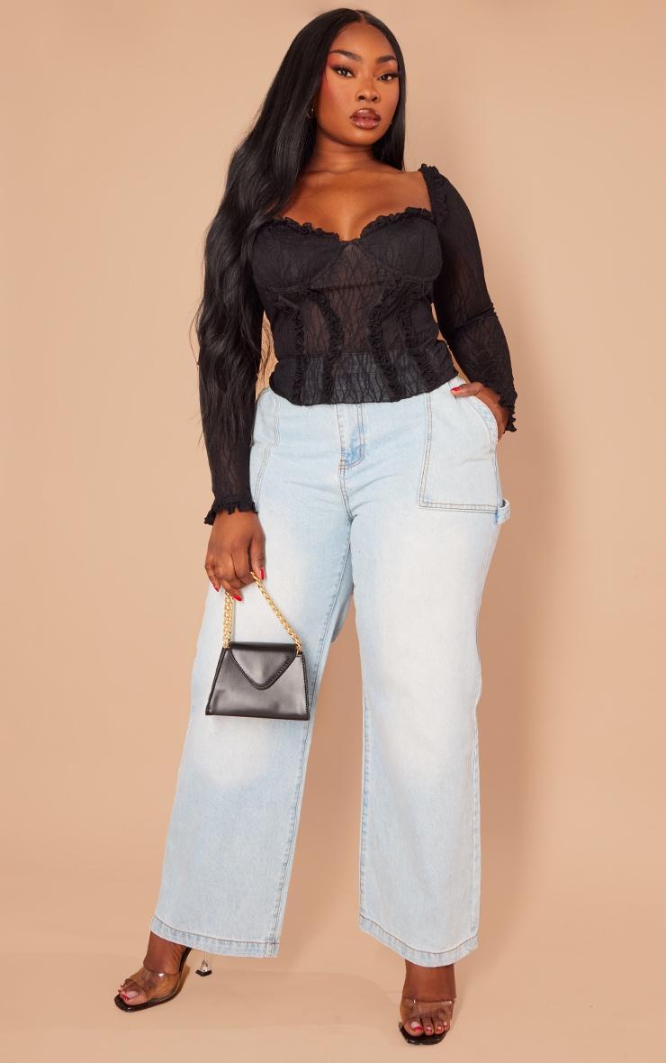 Plus Black Mesh Ruffle Detail Long Sleeve Top Product Image