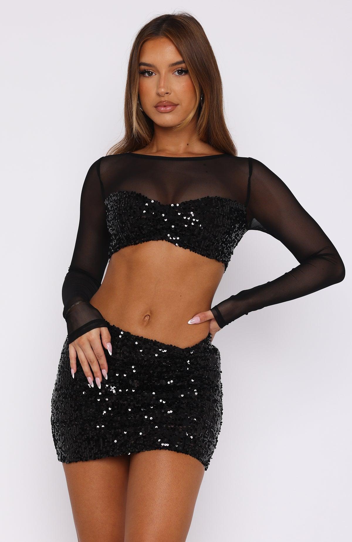 Party Don't Stop Sequin Long Sleeve Top Black Product Image