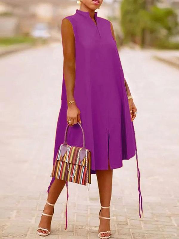 A-Line Sleeveless Solid Color Split-Joint Split-Side Streamer V-Neck Midi Dresses Product Image