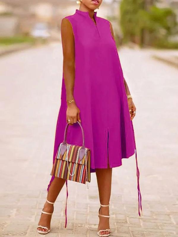 A-Line Sleeveless Solid Color Split-Joint Split-Side Streamer V-Neck Midi Dresses Product Image