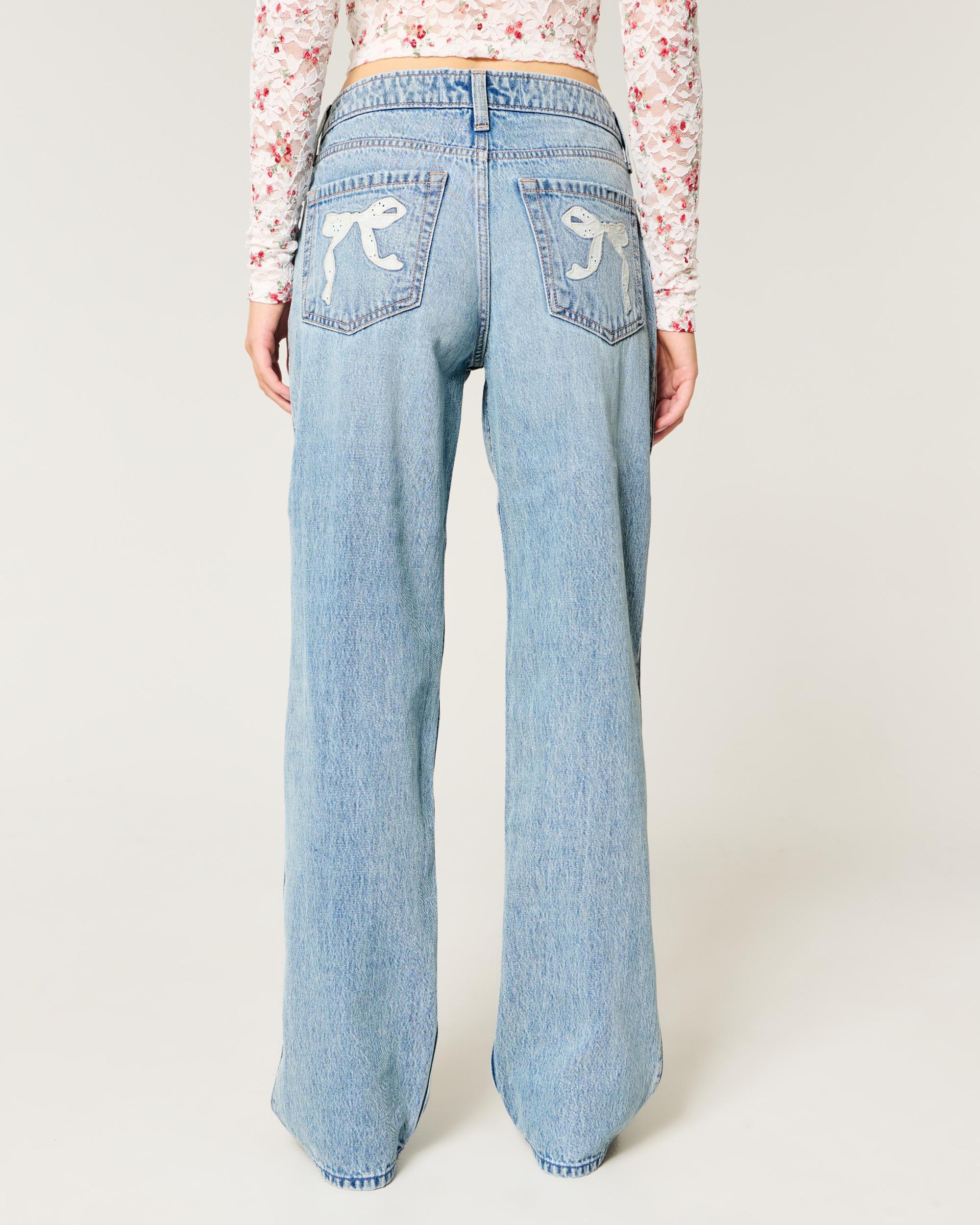 Low-Rise Medium Wash Eyelet Bow Loose Jeans Product Image