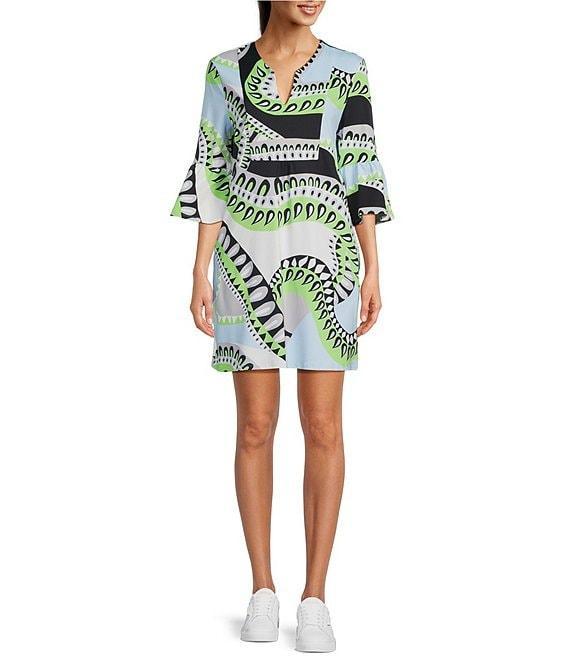 Jude Connally Kerry Mod Kaleidoscope Pool Print Split V-Neck 3/4 Bell Sleeve Knit Shift Dress Product Image