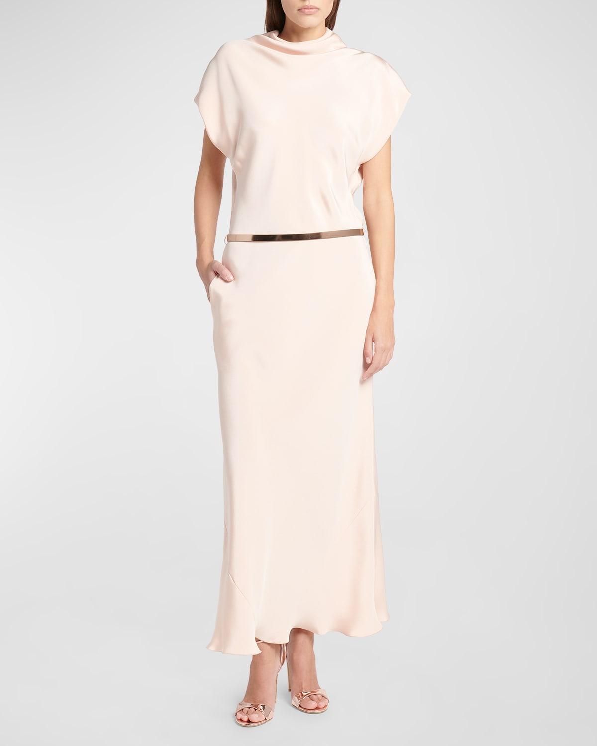 Cowl-Neck Silk Crepe Maxi Dress with Leather Belt Product Image