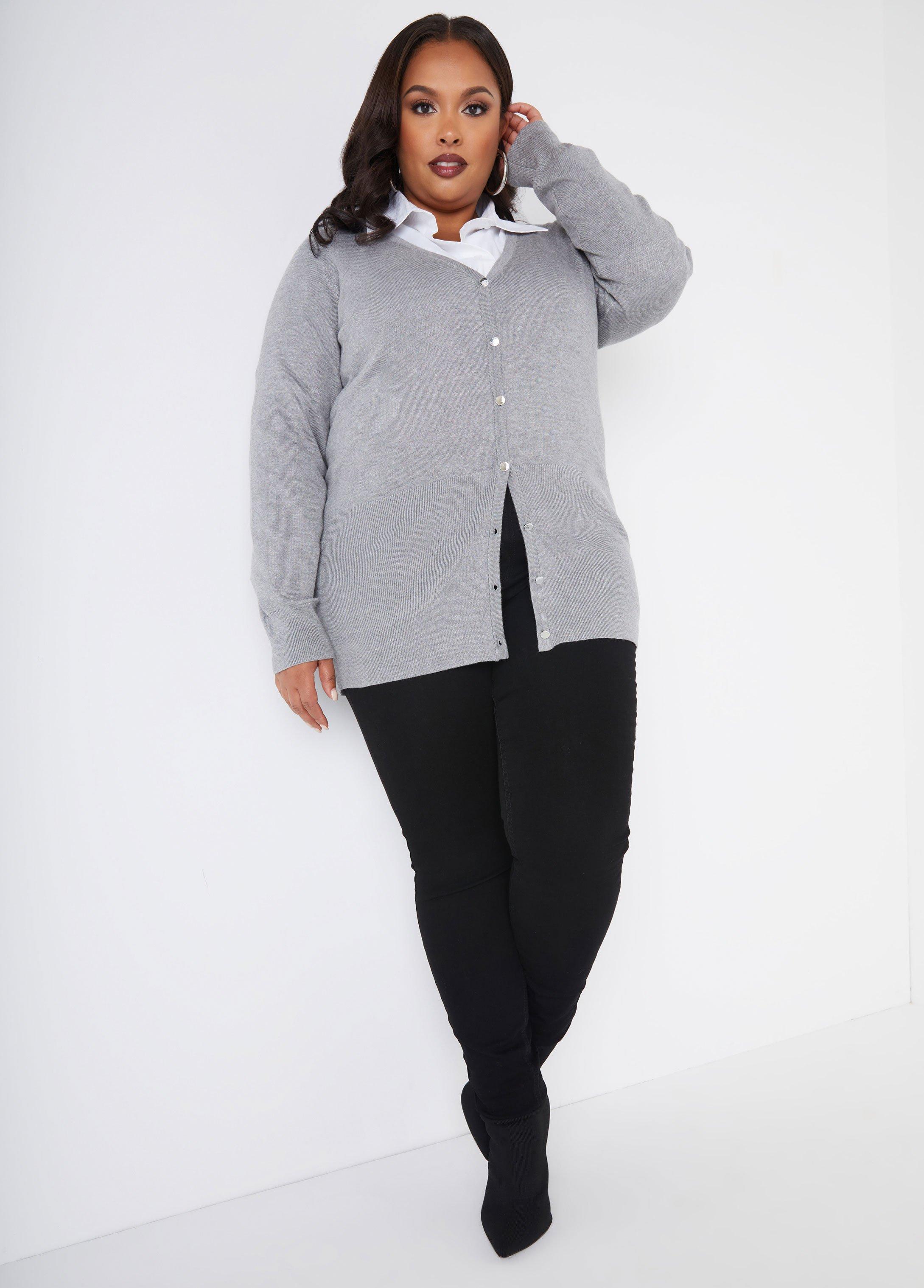 Plus Size Buttoned Front V Neck Cardigan Ashley Stewart Product Image