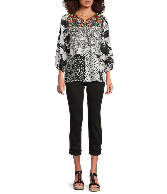 Calessa Petite Size Embroidered Patchwork Split V-Neck 3/4 Sleeve Tunic Product Image