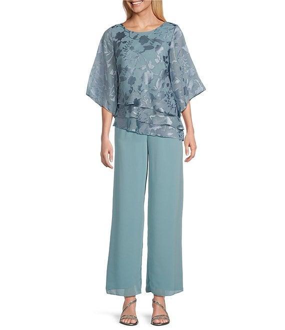 Alex Evenings 3/4 Illusion Sleeve Crew Neck Asymmetrical Triple Tier Hem Printed Chiffon Blouse Product Image