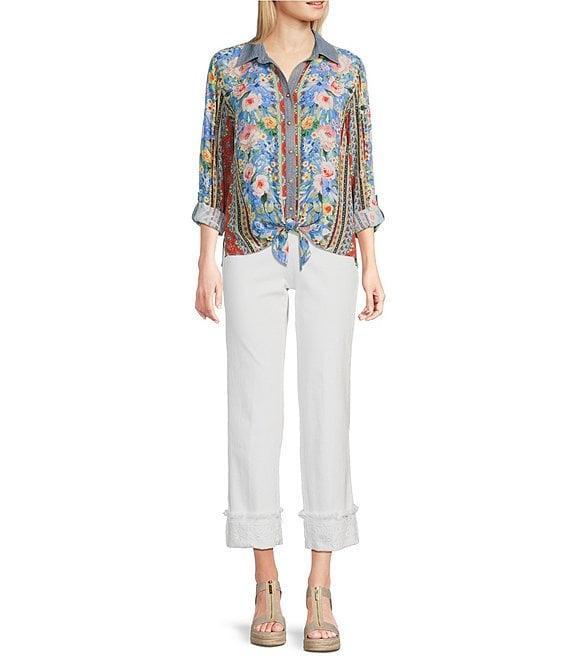 John Mark Embroidered Multi Floral Point Collar Long Roll-Tab Sleeve Tie-Front Top Product Image