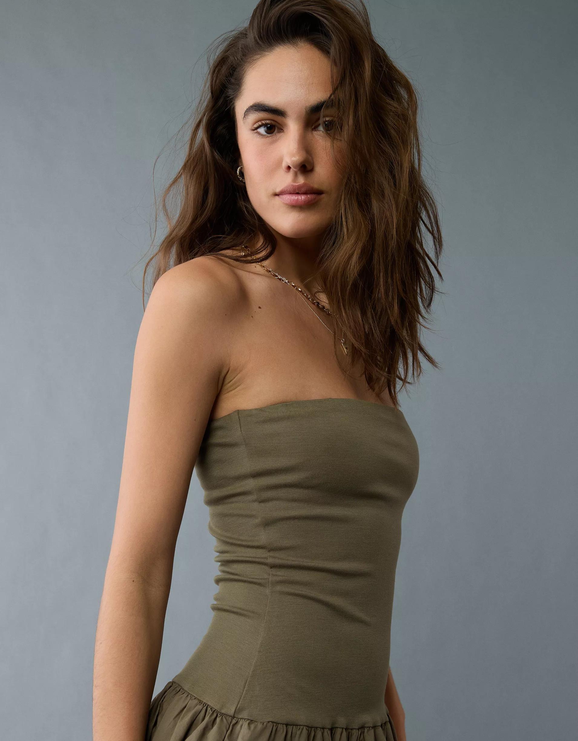 AE Strapless Drop Waist Bubble Mini Dress Product Image