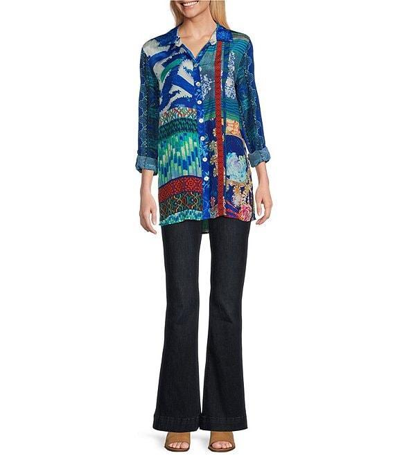 John Mark Woven Printed Point Collar Long Roll-Tab Sleeve Button-Front Tunic Product Image