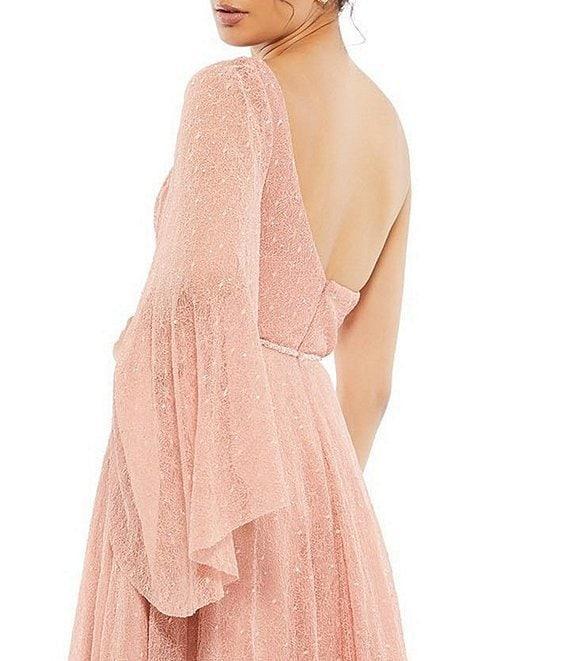 Mac Duggal Lace Asymmetrical One Shoulder Overlay Flutter Sleeve A-Line Gown Product Image