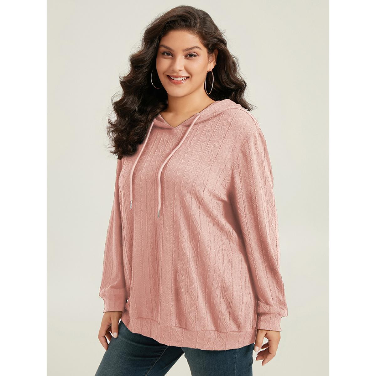 Plus Size Plain Textured Hooded Drawstring Sweatshirt Women Pink Casual Elastic cuffs Hooded Everyday Sweatshirts BloomChic 26/4X Product Image