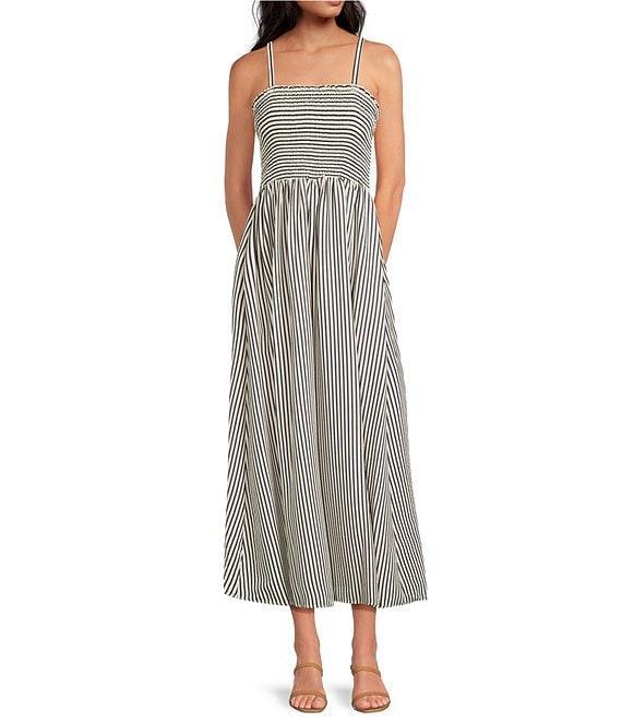 CeCe Woven Stripe Print Square Neck Sleeveless Smocked Midi A-Line Dress Product Image