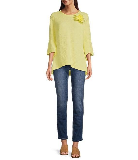 Calessa Textured Pucker Knit Crew Neck 3/4 Flare Sleeve Top Product Image