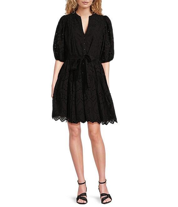 Gibson & Latimer Eyelet Split Round Neck Elbow Puff Sleeve Button Down Belted Scallop Hem Pocketed A-Line Dress Product Image