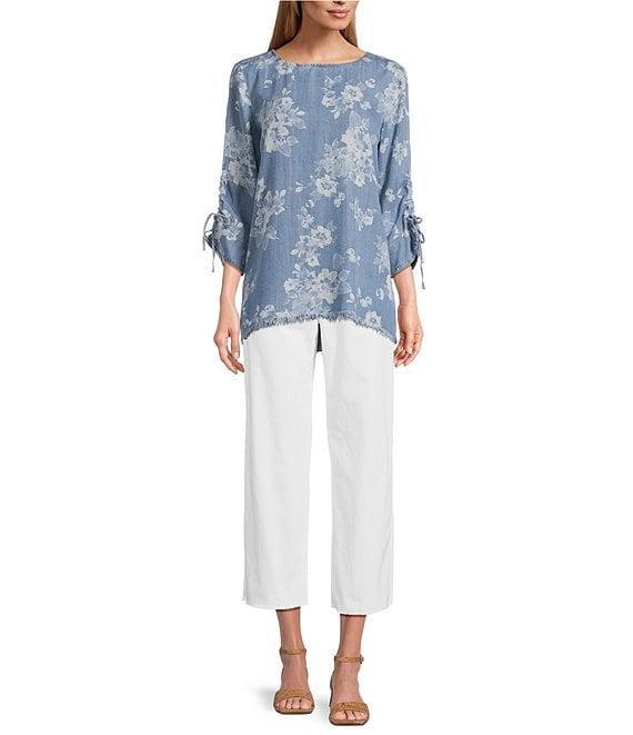 Tru Luxe Jeans Floral Printed Chambray Scoop Neck 3/4 Sleeve Lace-Up Top Product Image