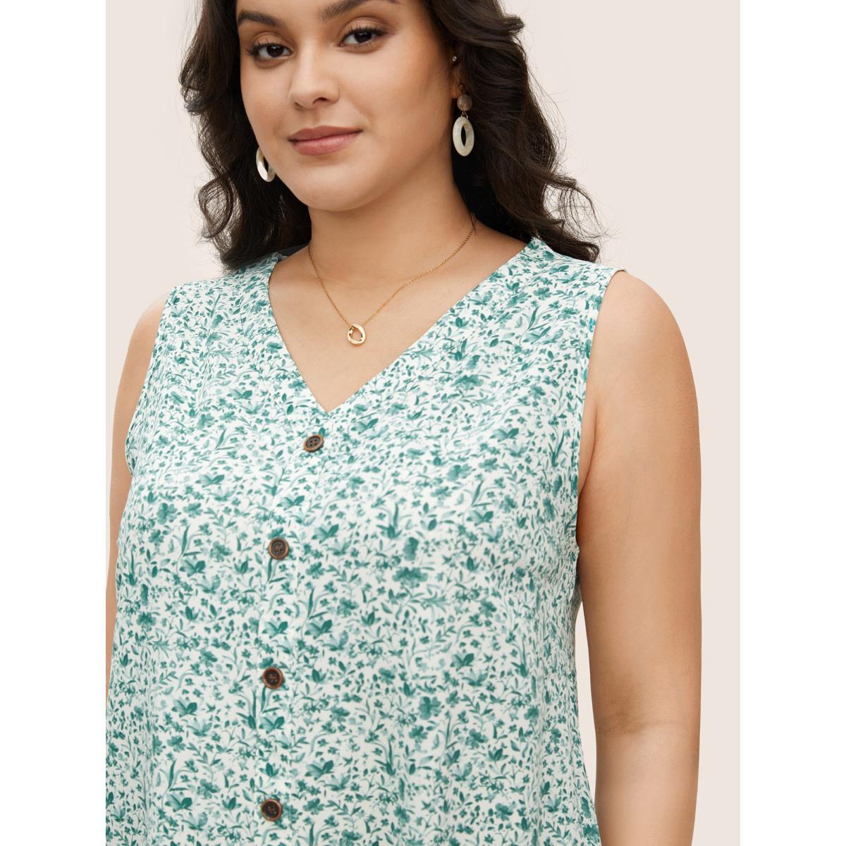 Plus Size Ditsy Floral Sleeveless Button Detail Tank Top Women SpringGreen Casual Button V-neck Everyday Tank Tops Camis BloomChic 28/5X Product Image