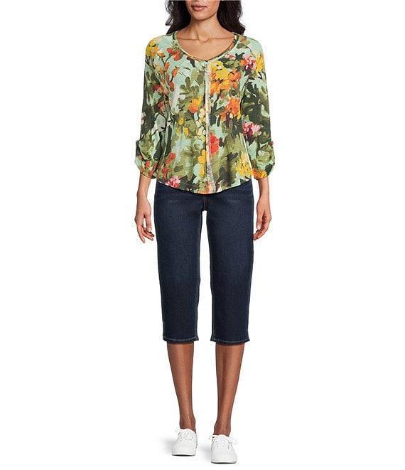 Westbound Knit Beryl Green Wild Bouquet 3/4 Bell Sleeve V-Neck Top Product Image